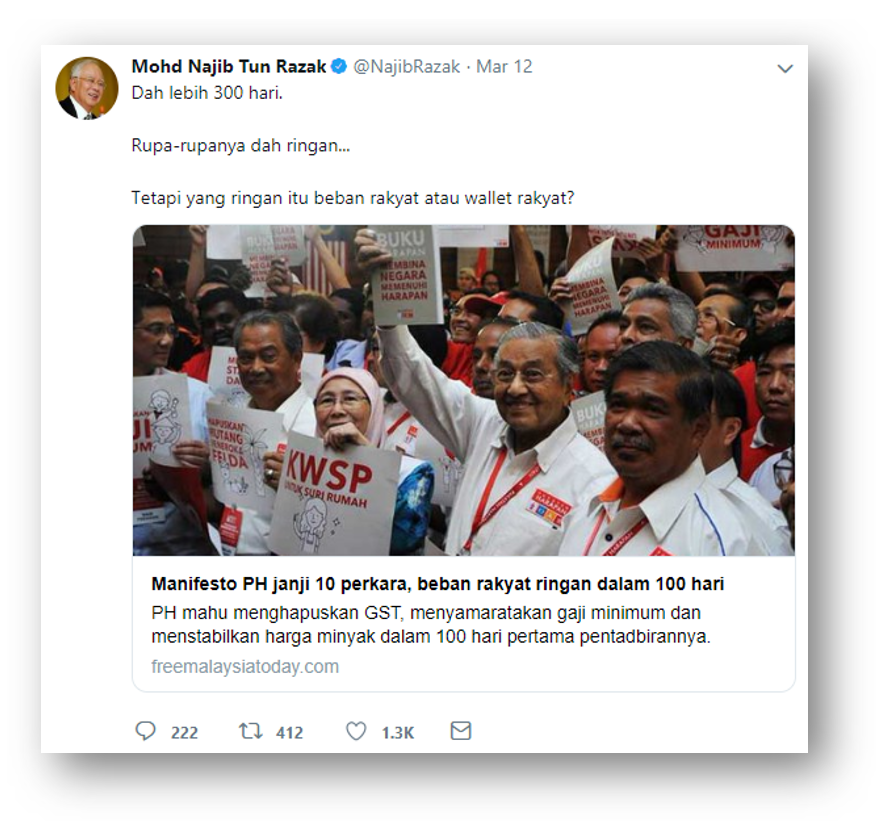 Malaysia, Malaysia Indicator, Najib Razak, Twitter, PTPTN, toll, Harapan Manifesto