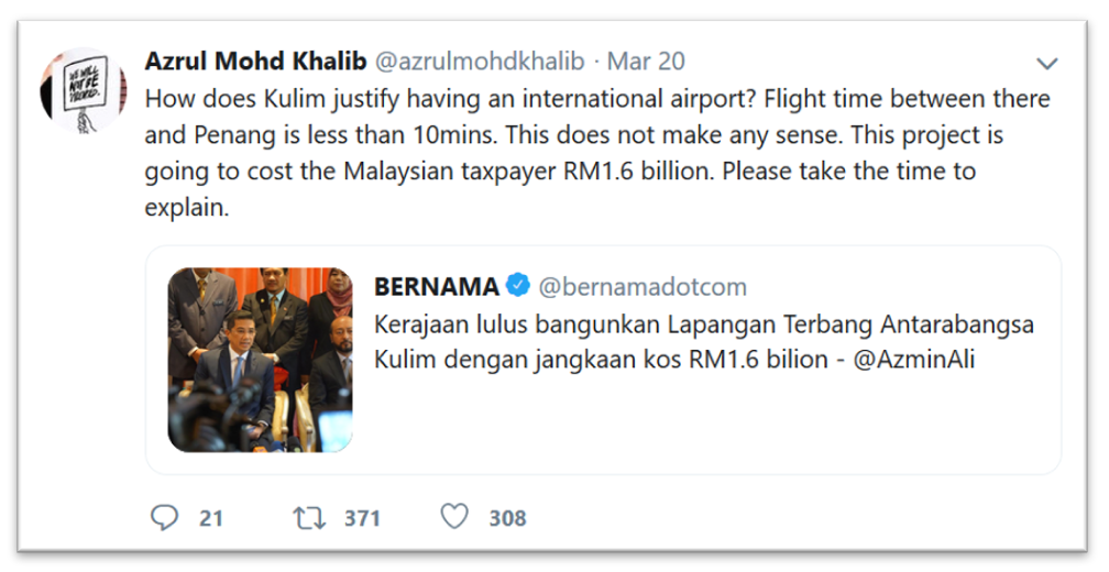 Malaysia, Malaysia Indicator, Kedah, Kulim International Airport, Azmin Ali, SNA, Twitter